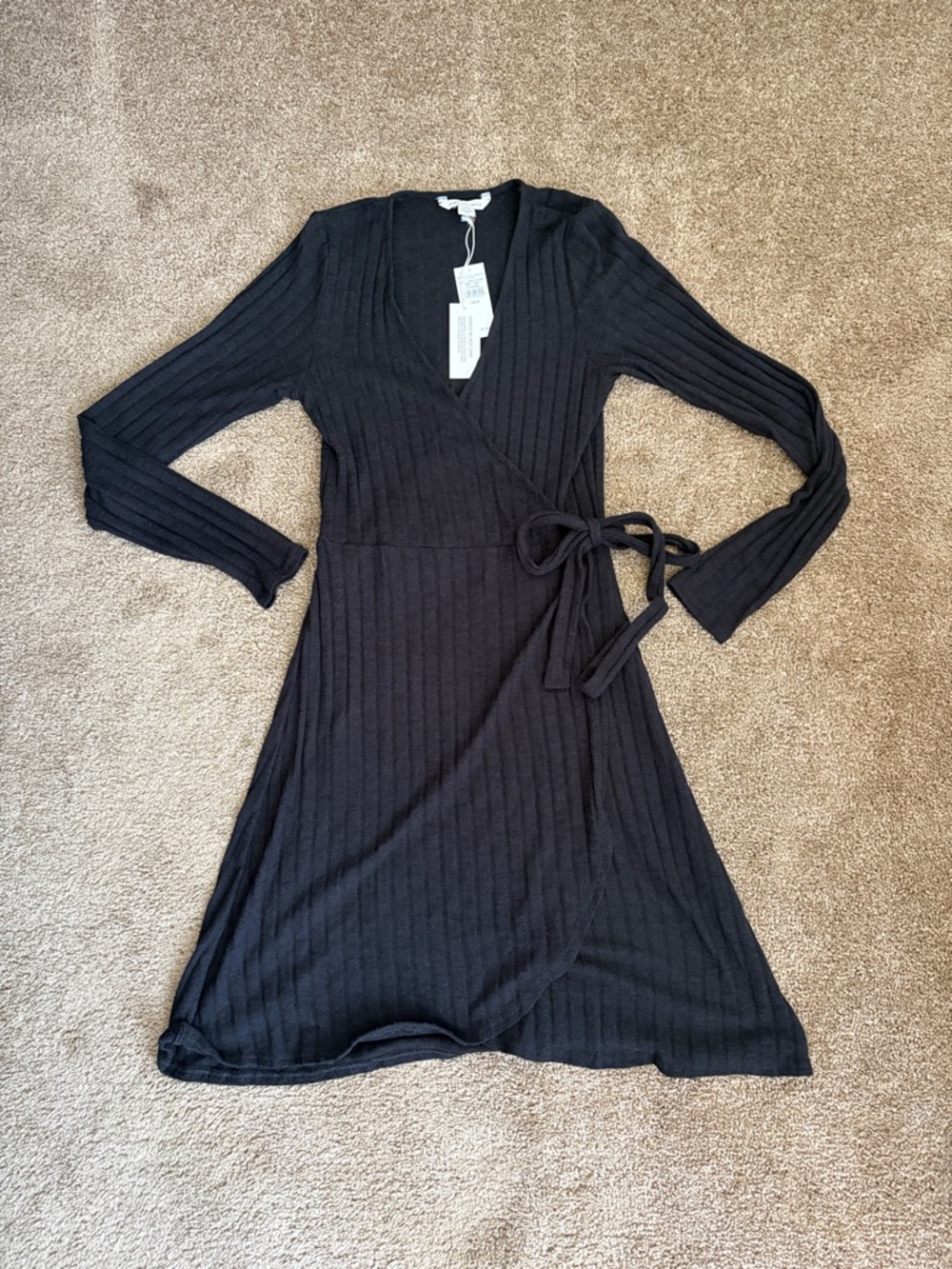 American Eagle Outfitters Black Ribbed Long Sleeve Wrap Dress
